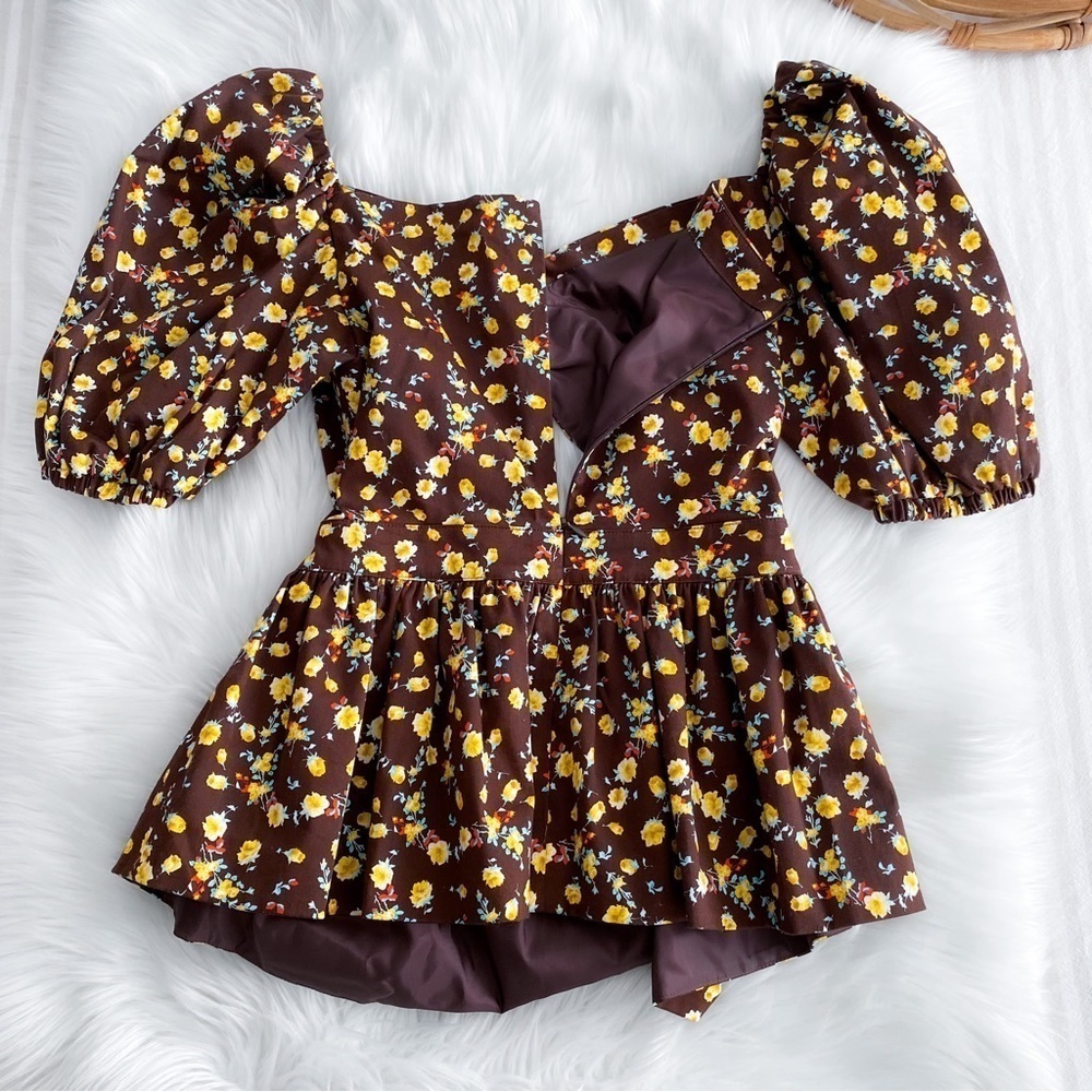 NWOT Autumn Adeigbo Bridgette Puff Sleeve Cut-Out Top Brown Yellow Floral - Picture 9 of 16